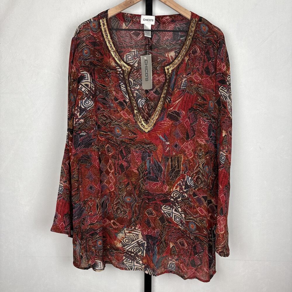 Chico's Long Sleeve Tunic Top Womens 3 XL Beaded Neckline Flowy Boho Art to Wear